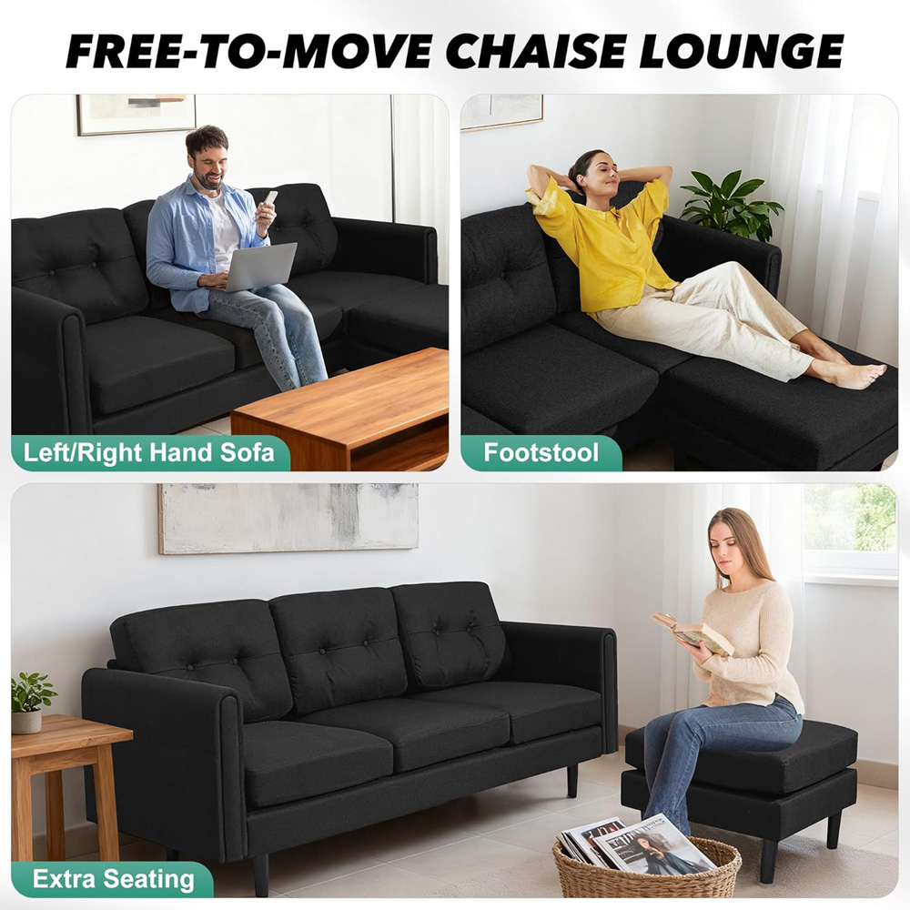 Alivio 4 Seater Black Linen Fabric Modern L-Shaped Sectional Sofa with Movable Chaise Image 8