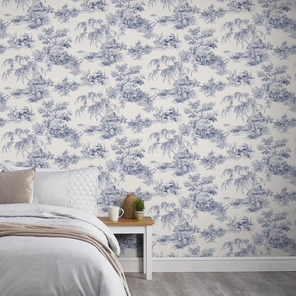 Grandeco French Vintage Toile Trees Blue Wallpaper Image 3