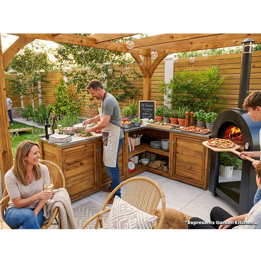 Dunster House 3 Door 2 Shelf Stainless Steel Countertop L-Configuration Garden Kitchen Unit Image 4