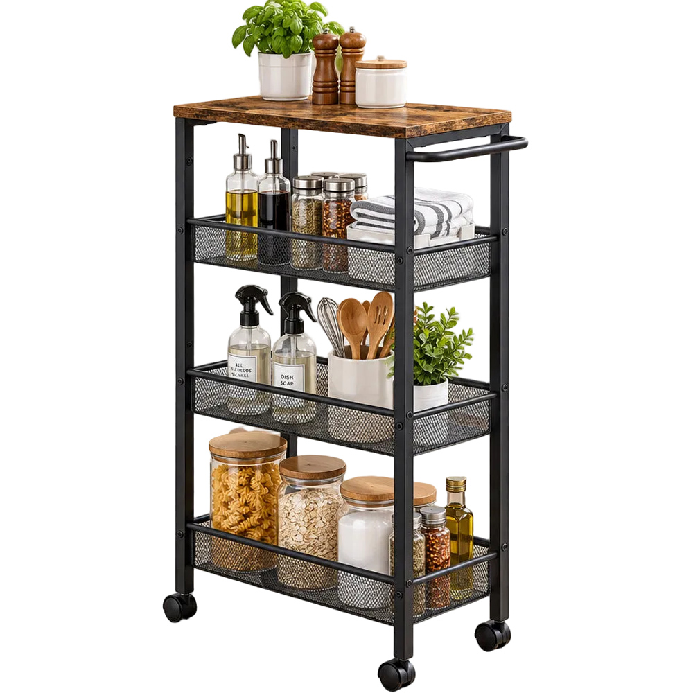 Modcraft 4 Shelf Black and Rustic Brown Slim Rolling Trolley Image 4
