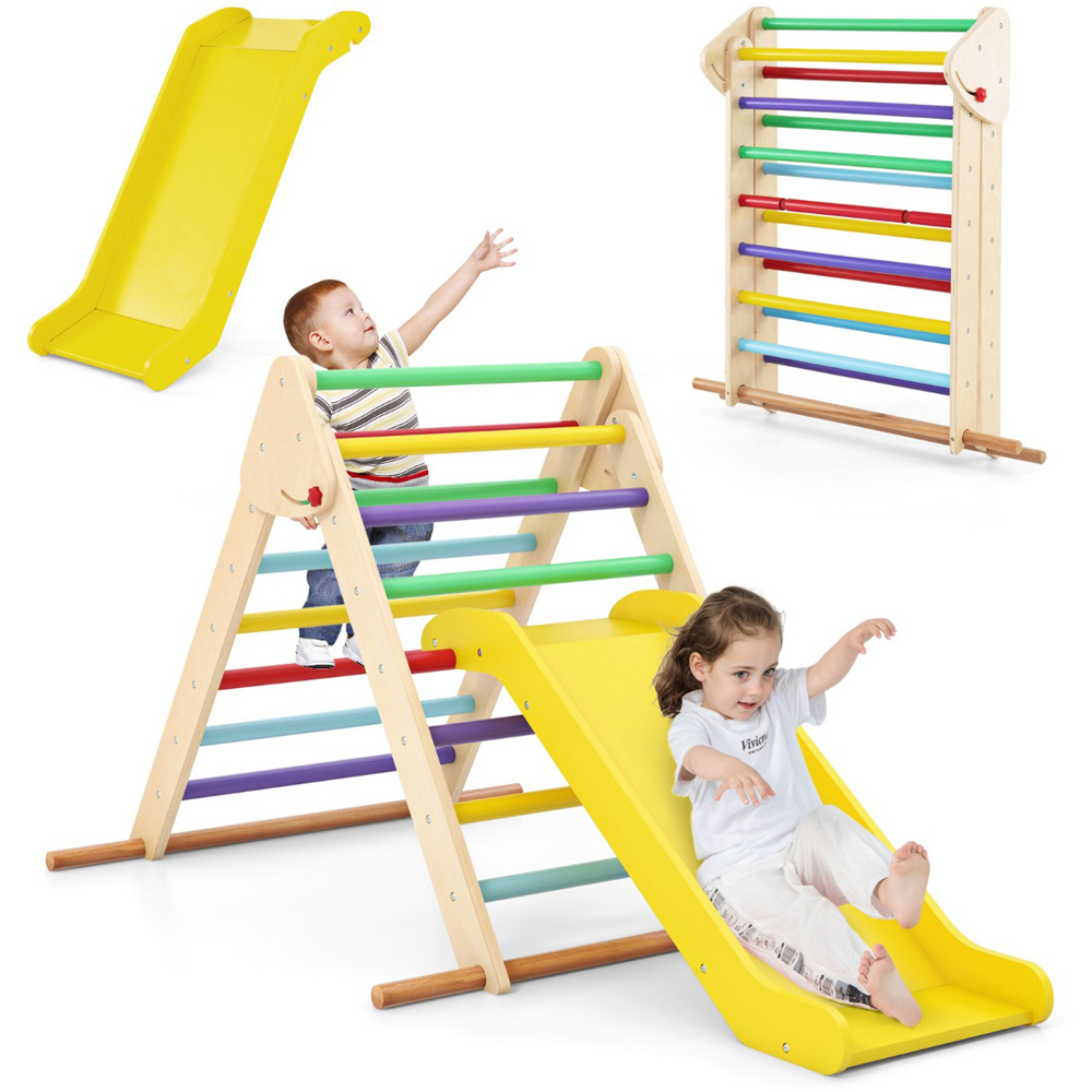 Costway Kids Multicolour Pikler Triangle Set with Slide Image 5