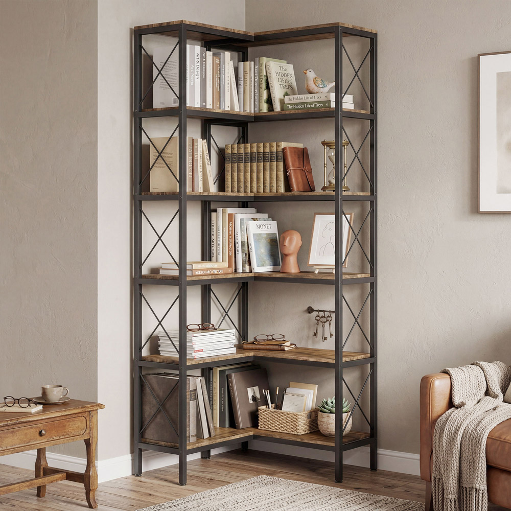 HOMCOM 5-Tier Rustic Brown L-Shaped Bookshelf Image 2