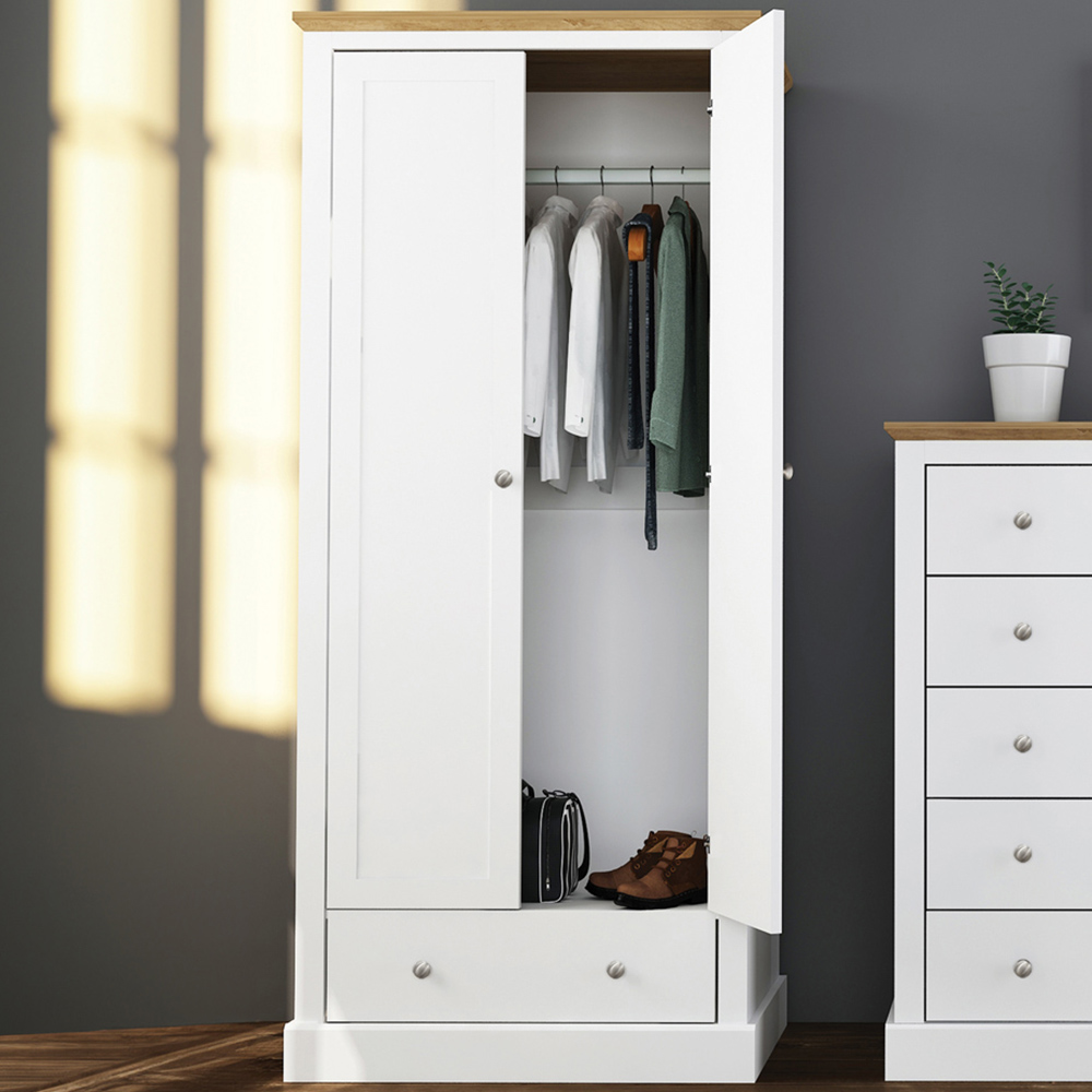 Devon 2 Door Single Drawer White Wardrobe Image 1