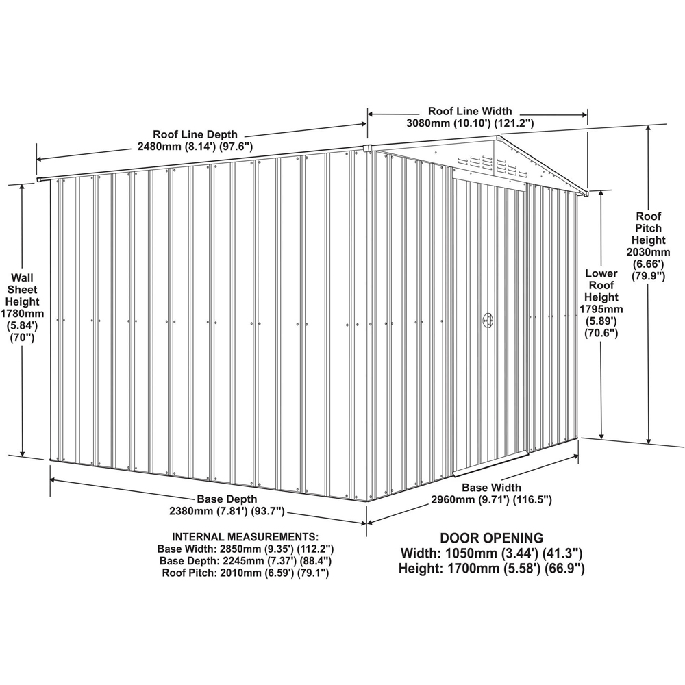 Globel 10 x 8ft 2 Door Grey Metal Apex Garden Shed Image 9