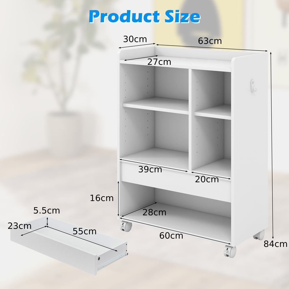 Costway Single Drawer 6 Shelf White Mobile Storage Cabinet with Hooks Image 5