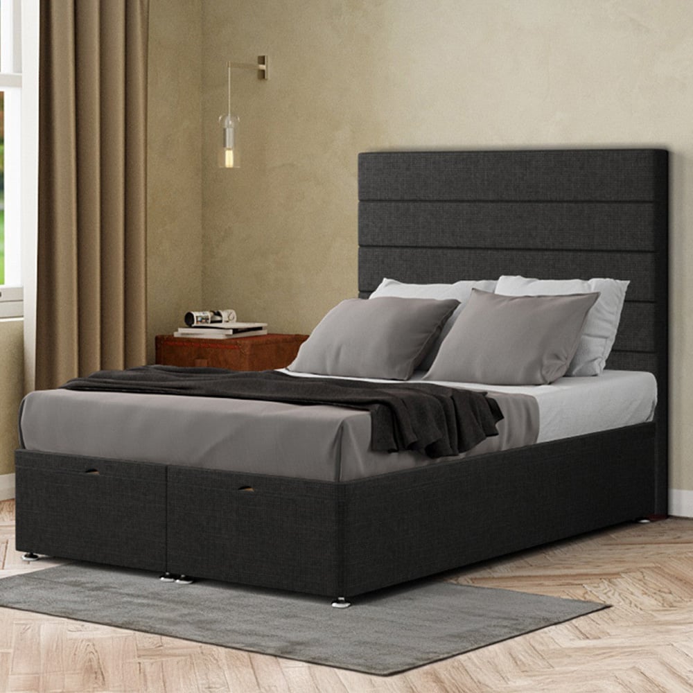 Eleganza George Super King Size Black Linen Ottoman Bed with Floor Standing Headboard Image 1