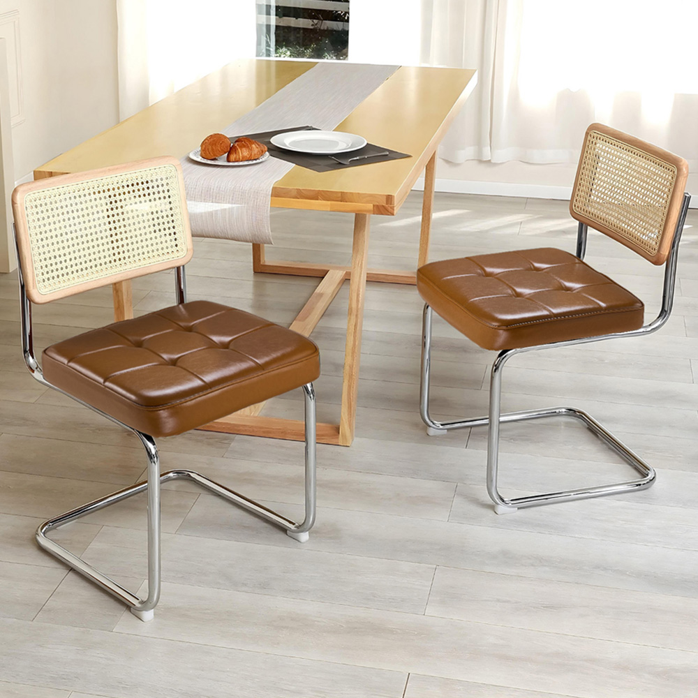 Living and Home Set of 2 Brownish Yellow PU Leather Rattan Back Dining Chairs Image 1