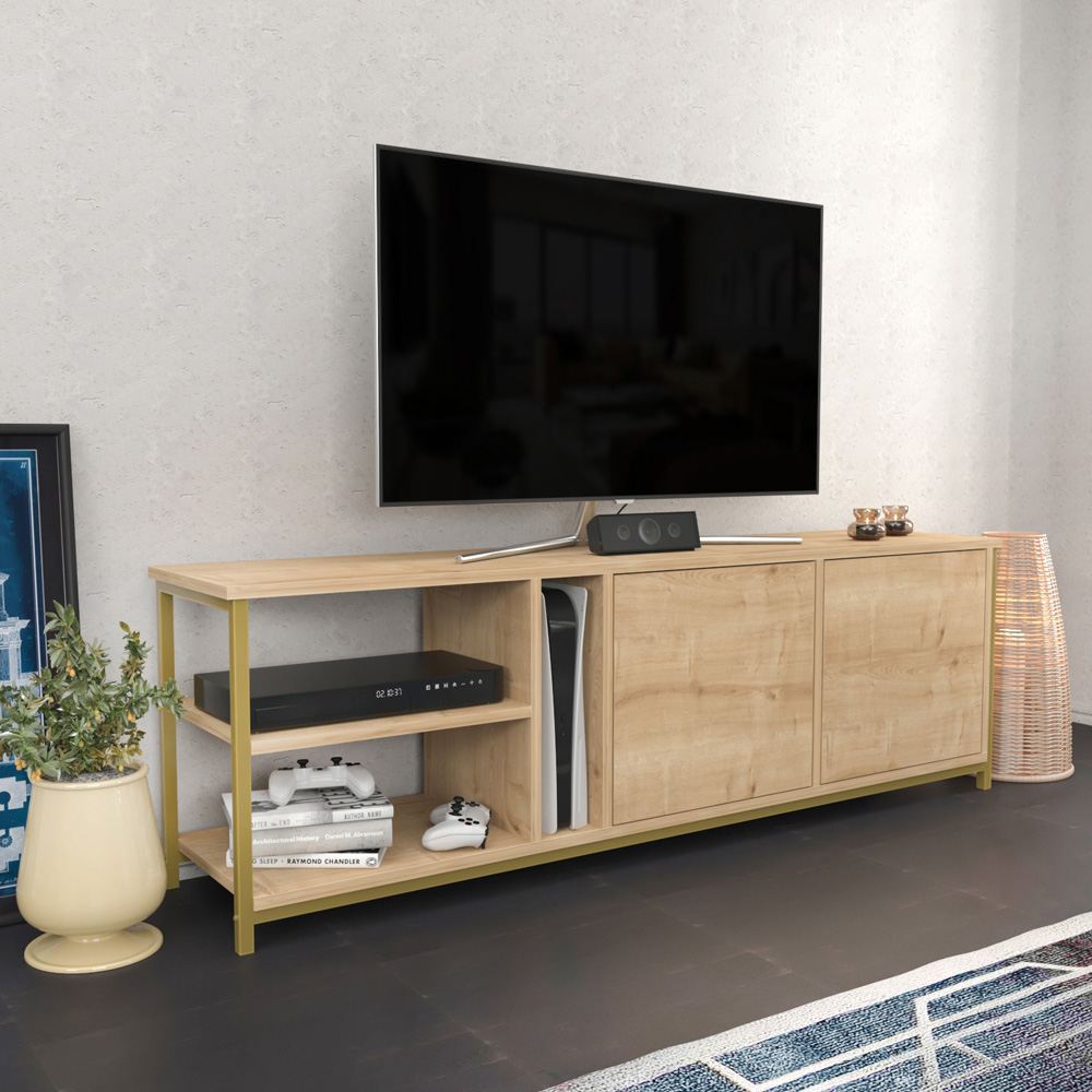 Decorotika Primrose 2 Door 3 Shelf Gold and Oak TV Stand for 72 inch TV Image 5