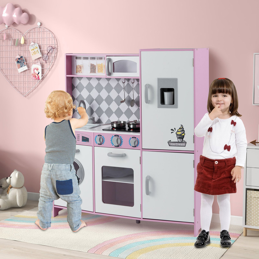 Costway Kids Pink Kitchen Play Set with Ice Maker and Cooking Stove Image 3