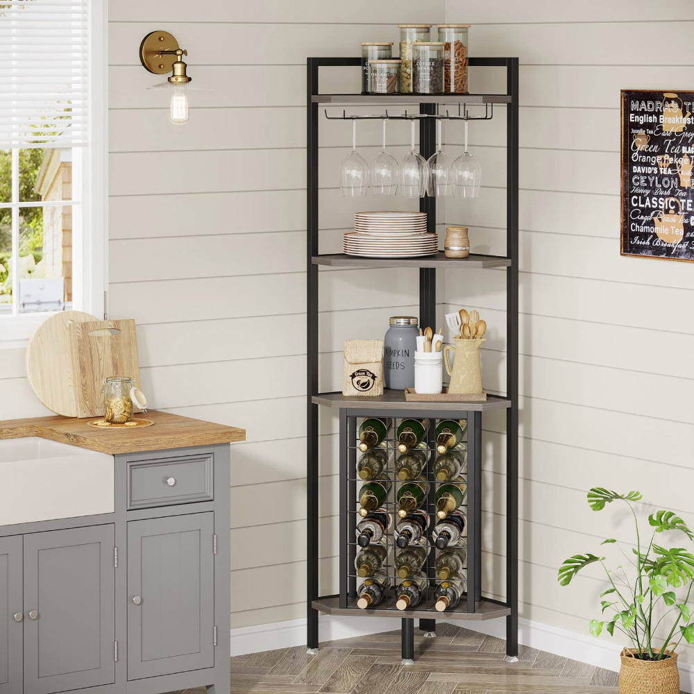 Living and Home 4 Shelf Black Vintage Wine Rack with Glass Holder and Bottle Storage Image 7