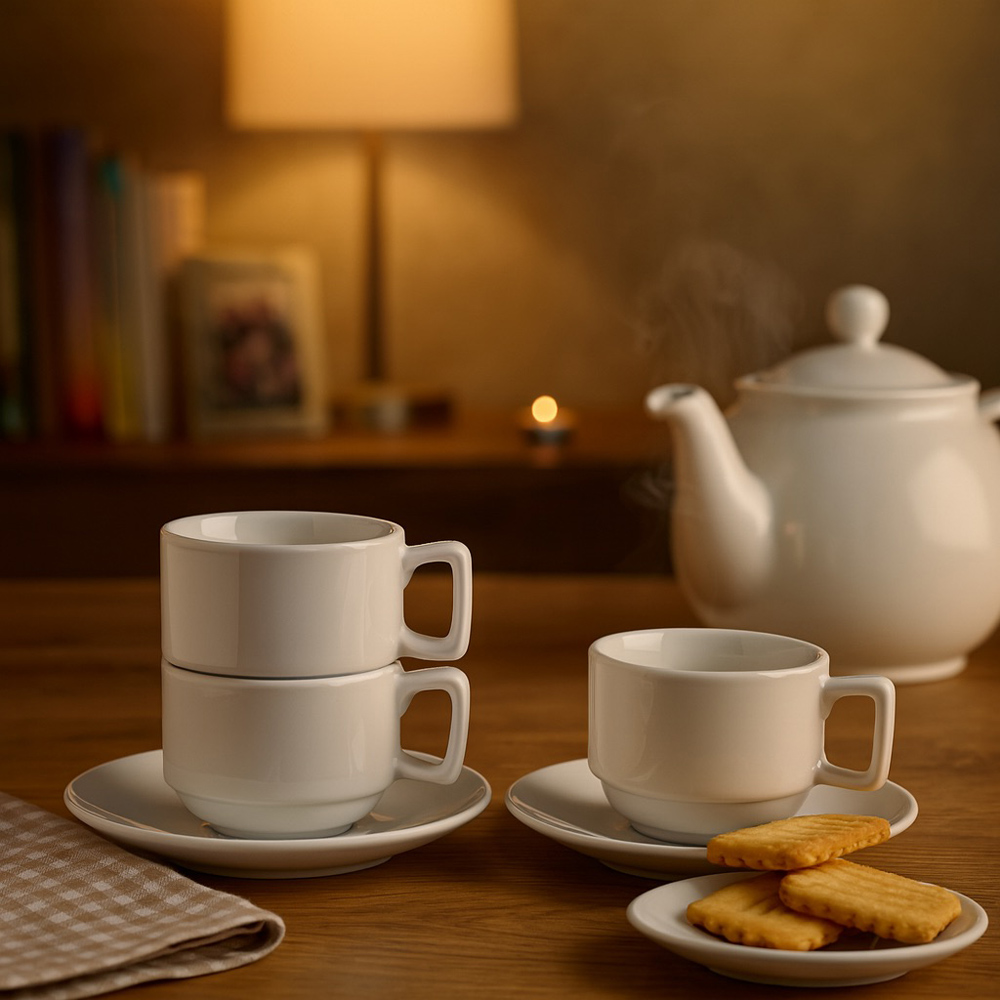 Argon Tableware 48 Piece Classic White Porcelain Stacking Teacup and Saucer Set 200ml Image 5
