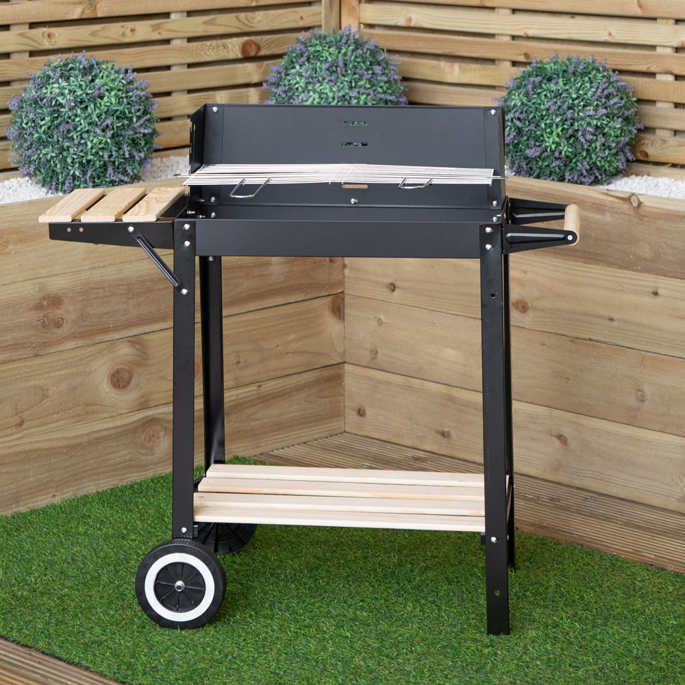 Samuel Alexander Black Rectangular Trolley Charcoal BBQ Grill with Shelves and Wheels Image 2