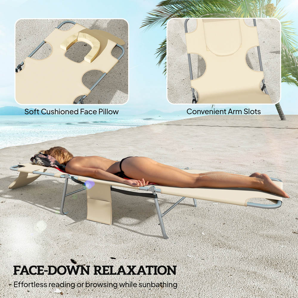 Outsunny Set of 2 Biege Folding Garden Sun Lounger with Reading Hole Image 5