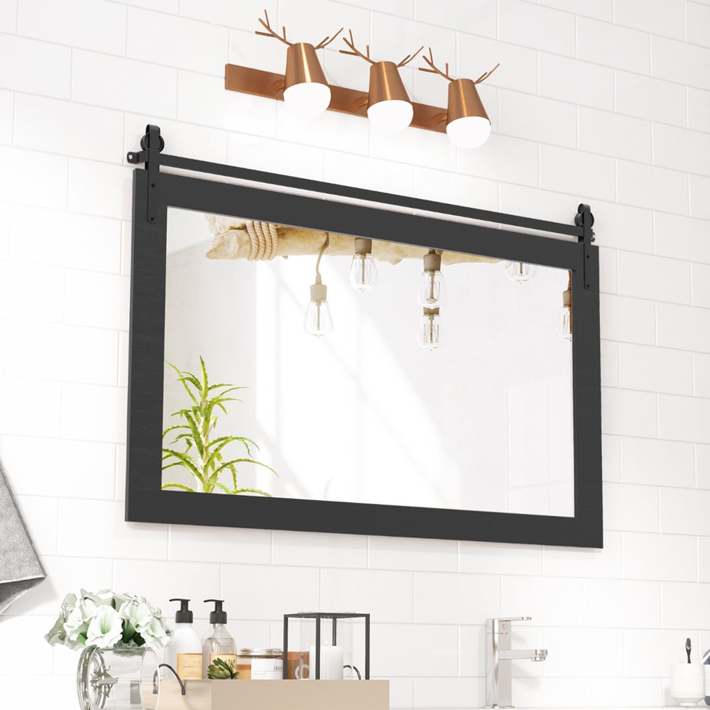 Costway Black Fir Wood Frame Farmhouse Bathroom Wall Mirror Image 3