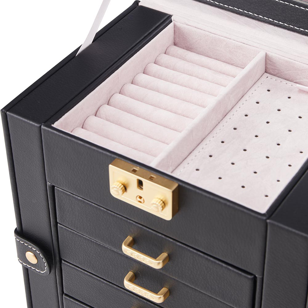 Living and Home 5 Drawer Black Faux Leather Jewellery Box with Mirror Image 4