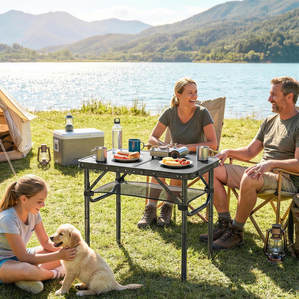 Outsunny 2ft Black Foldable Camping Table with Storage Layer Image 2
