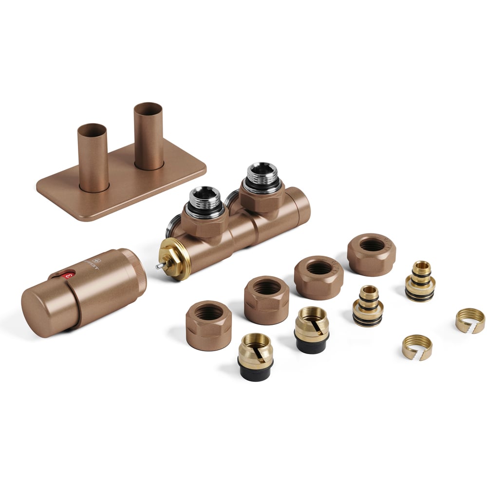 Terma Vario Bright Copper Left Sided Twins Angled Integrated Thermostatic Radiator Valve Set 50mm Image 2