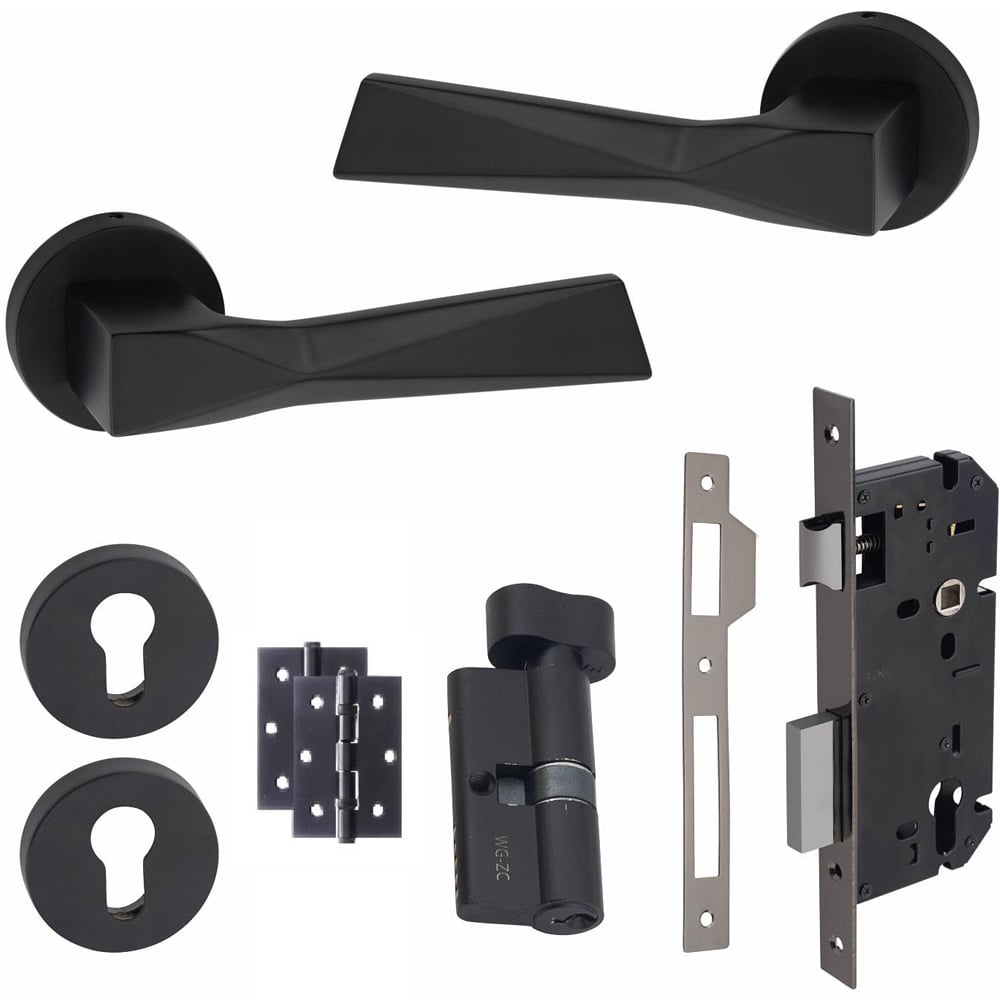 Golden Grace Modern Aura Matt Black Euro Lock Handles Set Image 1