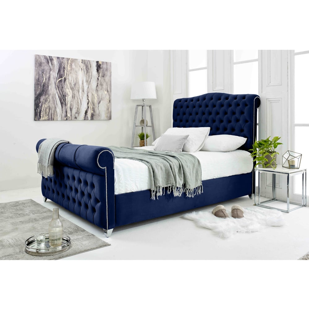 Eleganza Maynard King Size Blue Plush Velvet Bed Frame with Matching Buttons Image 3