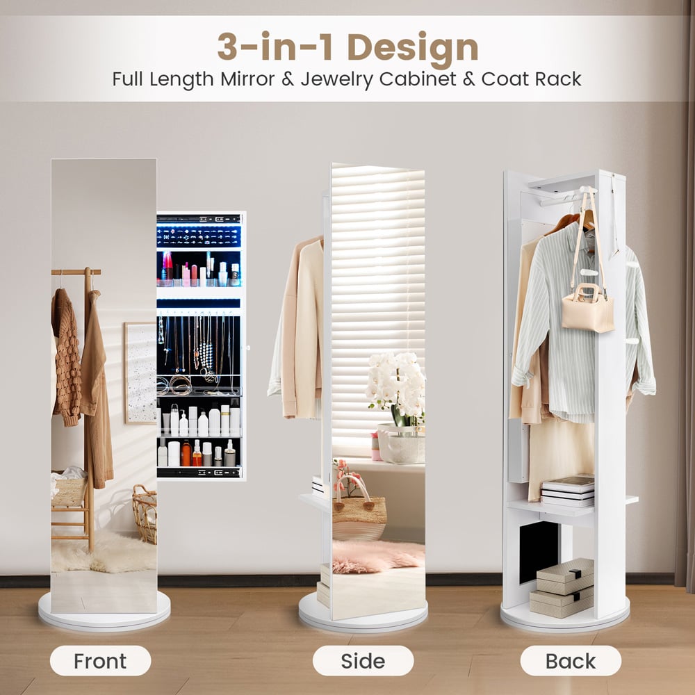 Costway 2 Shelf White Swivel Mirrored Jewellery Storage Cabinet Image 4
