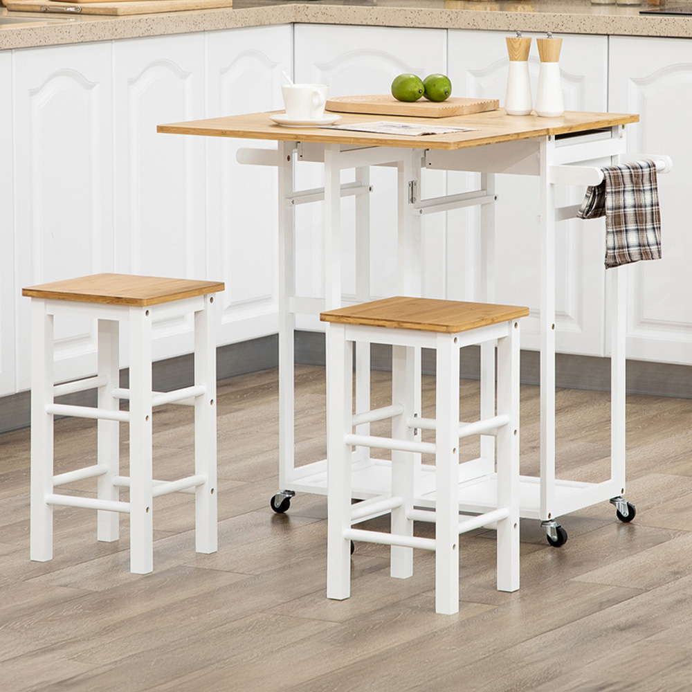 HOMCOM Bamboo Breakfast Cart with 2 Drawer Drop Leaf Table and Stools Image 1