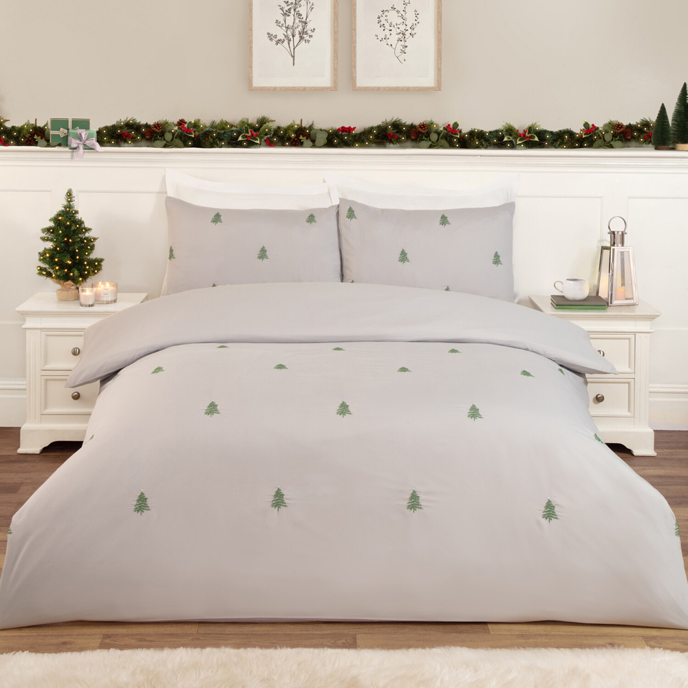 Embroidered Trees Duvet Set Silver Double Image 1