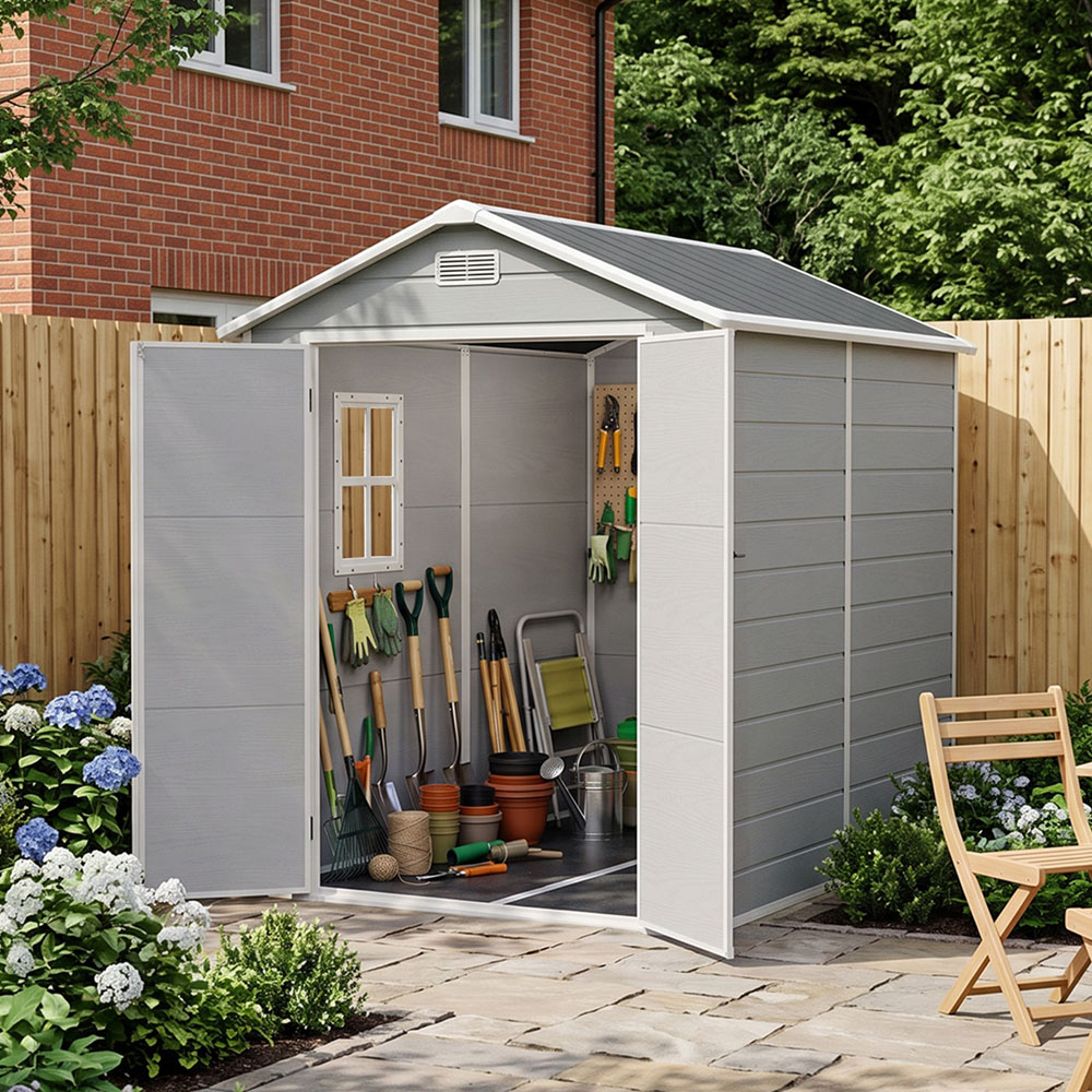 Living and Home 6 x 8ft Smokey Grey Wood Grain Plastic Garden Storage Shed Image 7