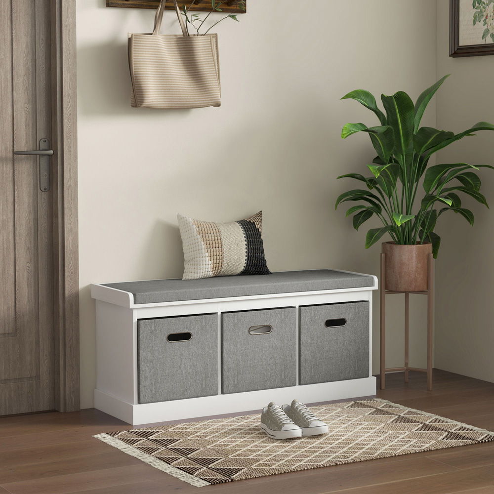 HOMCOM 3 Fabric Drawer White Shoe Storage Bench Image 4