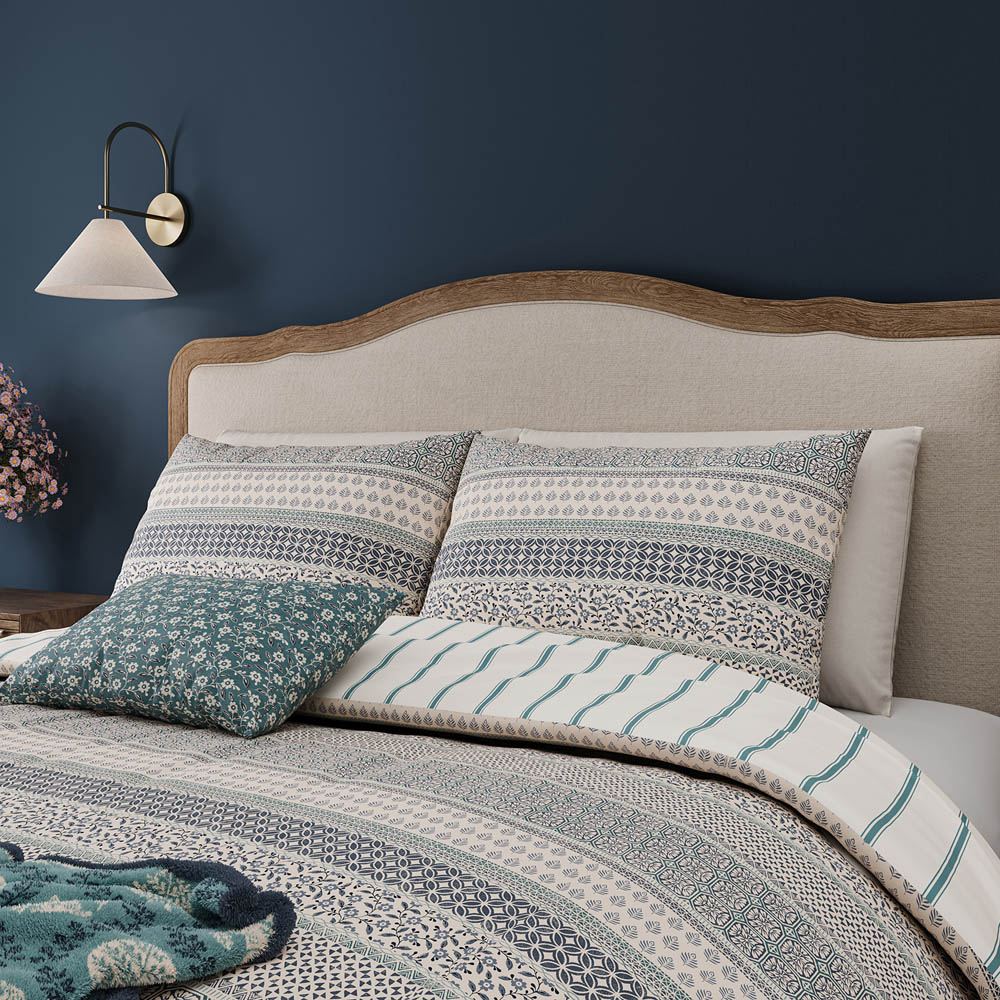 Helena Springfield King Size Blue and Teal Folk Stripe Duvet Set Image 3