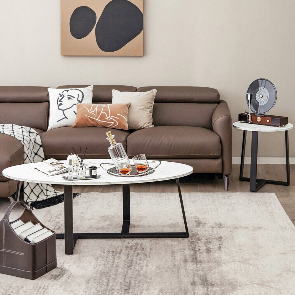 Costway White Faux Marble Oval and Round Coffee Table Set of 2 Image 3