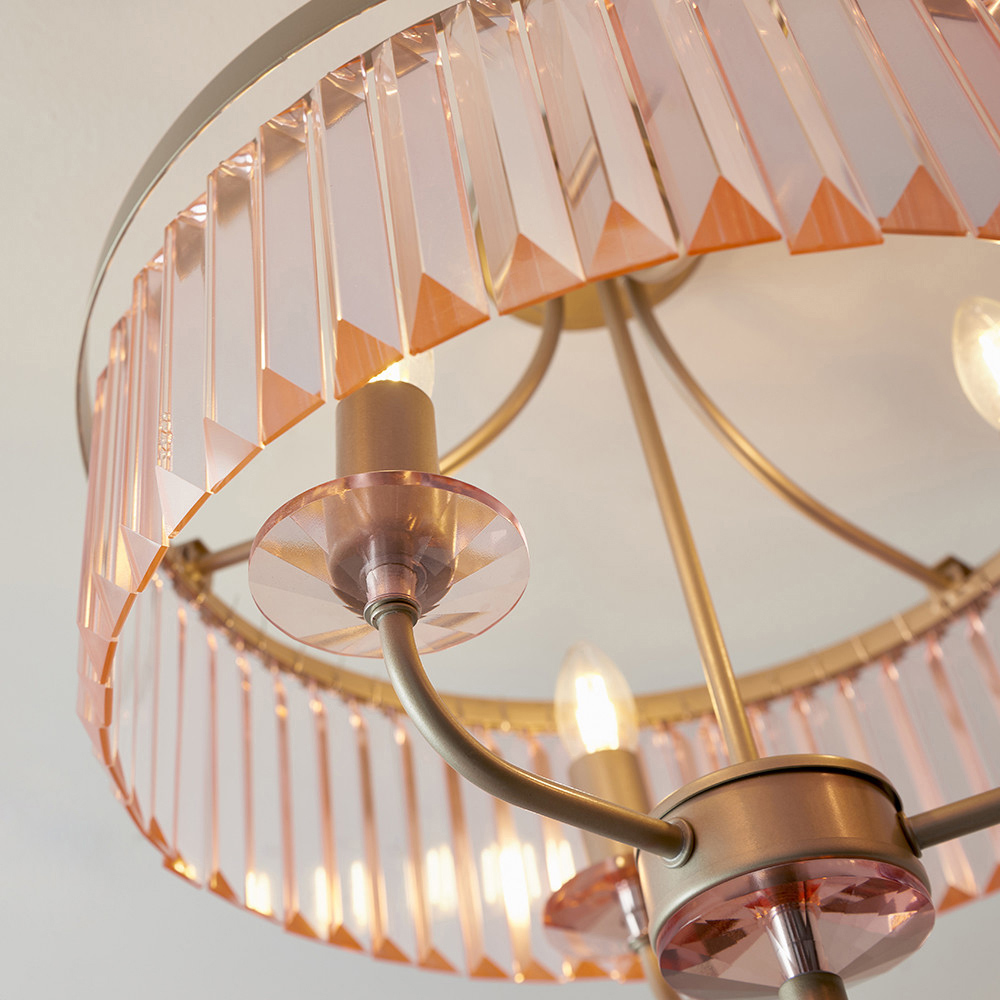 Merano Ascoli Champagne and Rose Pink Glass 3 Light Flush Ceiling Light Image 4
