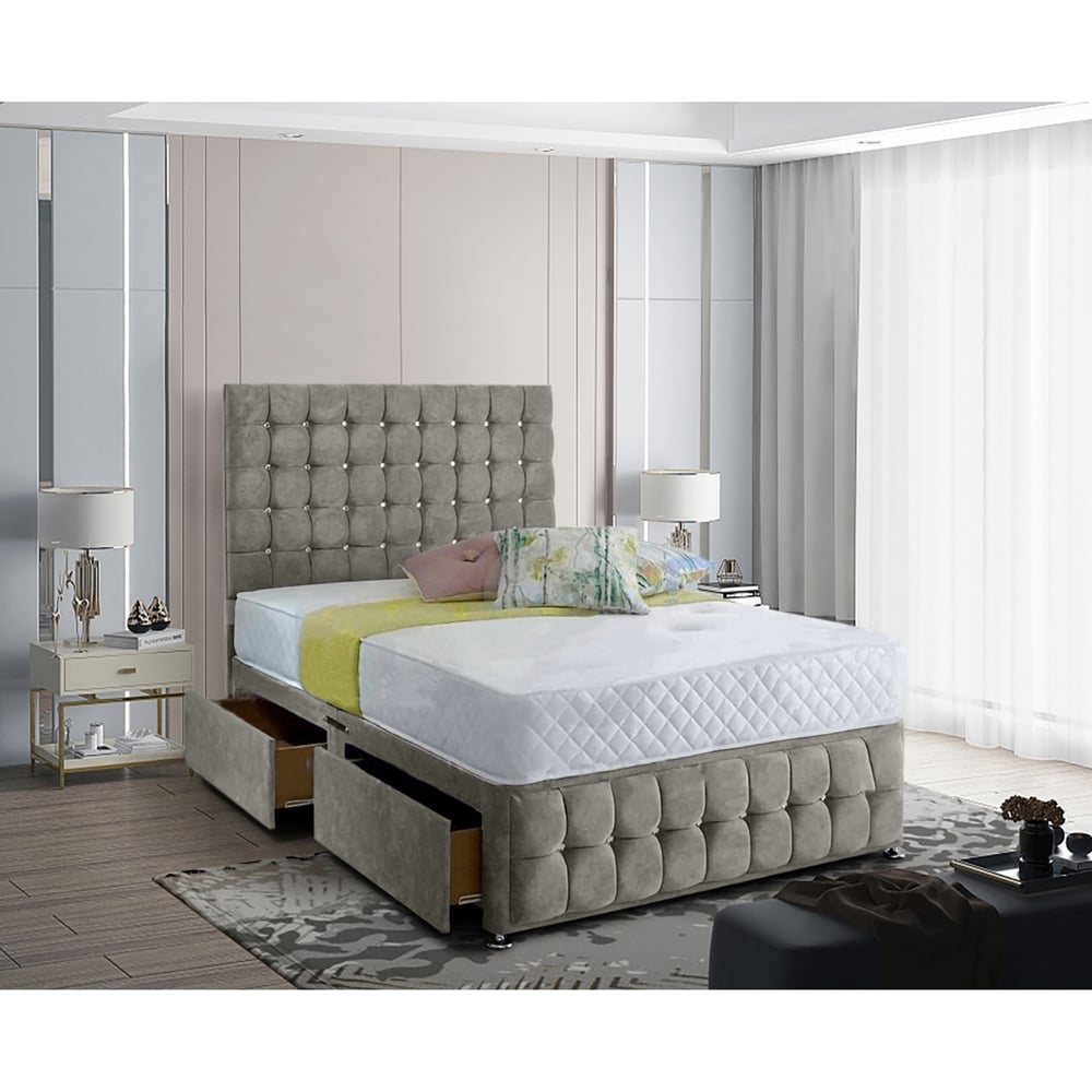 Eleganza Home Cloudrest Single Grey Plush Velvet 2 Drawer Divan Bed with Headboard Image 2