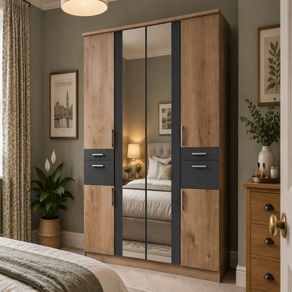 TJ'S Lyon 4 Door 4 Drawer Mirrored Oak Wardrobe Image 1