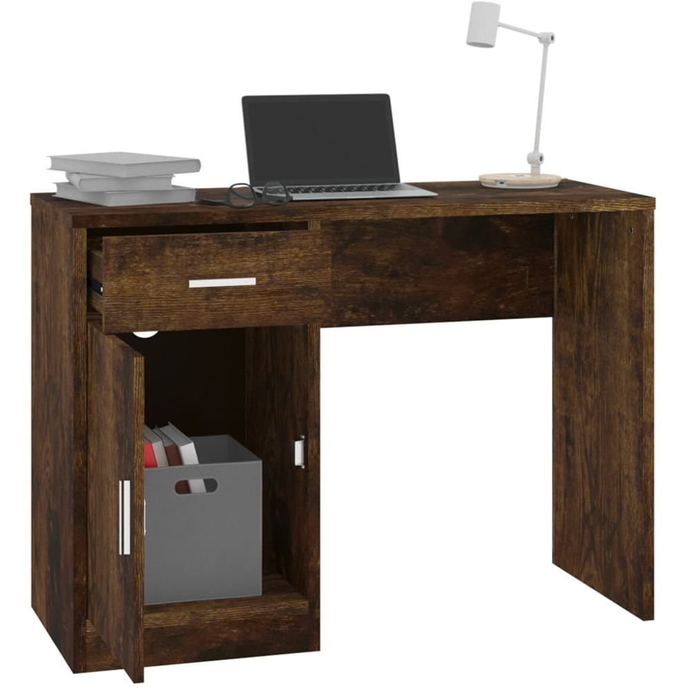 Single Computer Desk vidaXL Single Door Single Drawer Computer Desk Smoked Oak | Wilko