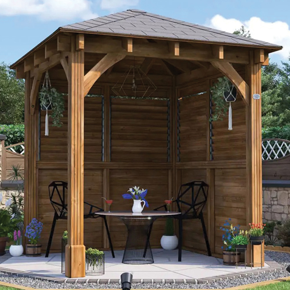 Dunster House Leviathan 2.5 x 2.5m Brown Louvre Walled Garden Gazebo with Heavy Duty Roof Shingles Image 1