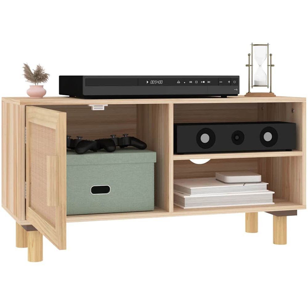 vidaXL Single Door 2 Shelf Brown Solid Pine Wood and Natural Rattan TV Cabinet with Cable Hole Image 3
