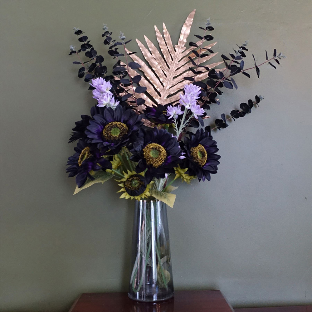 Leaf Purple Sunflower and Gold Leaf Artificial Flower Bundle with Glass Vase 80cm 8 Pack Image 2