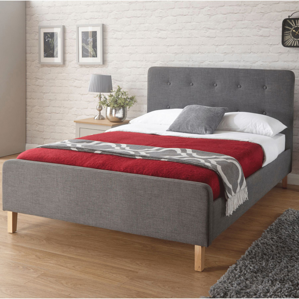 Home Source Ashbourne Double Grey Hopsack Bed Frame with Buttoned Headboard Image 1