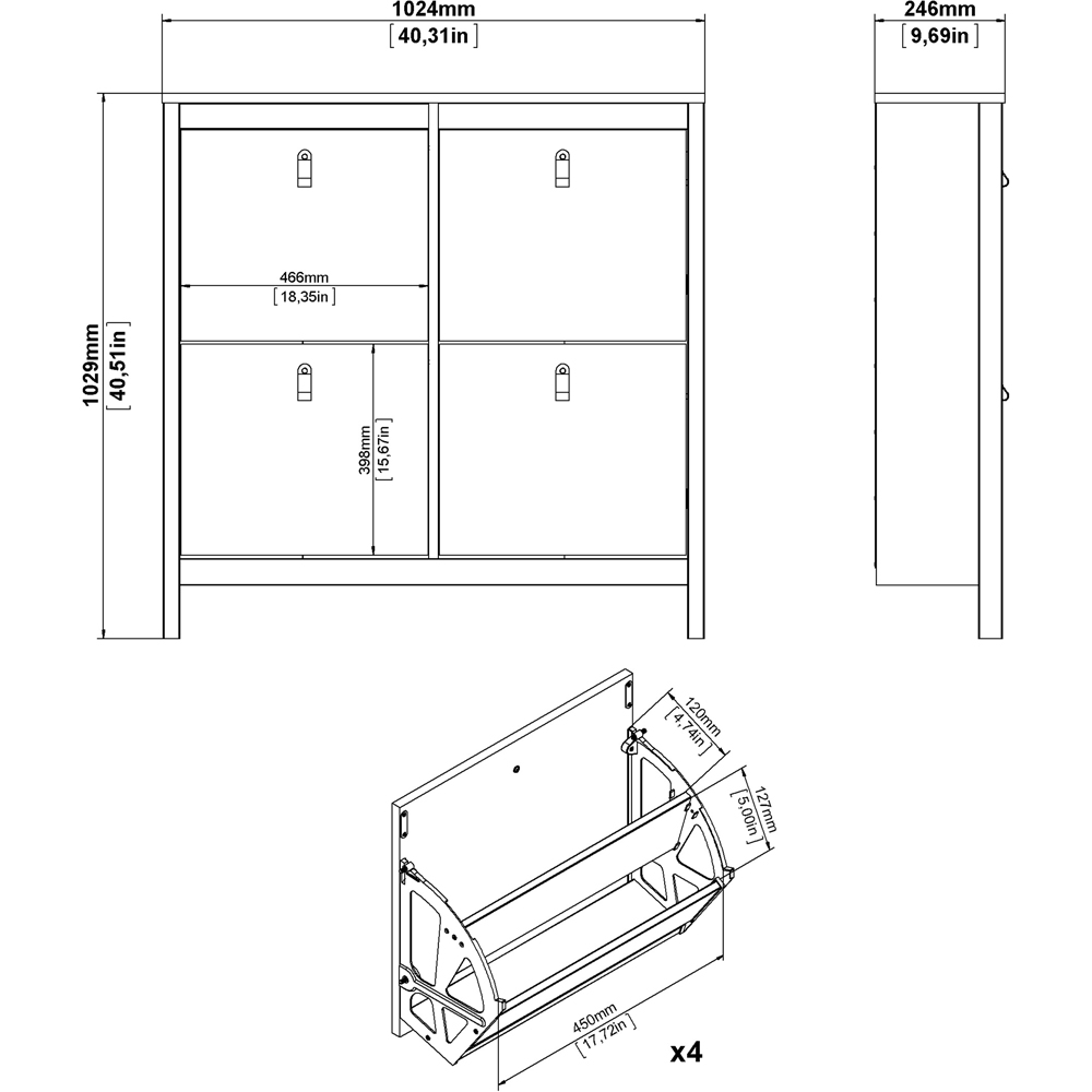 Florence Madrid 4 Flip Down Doors Matt Black Shoe Cabinet Image 8