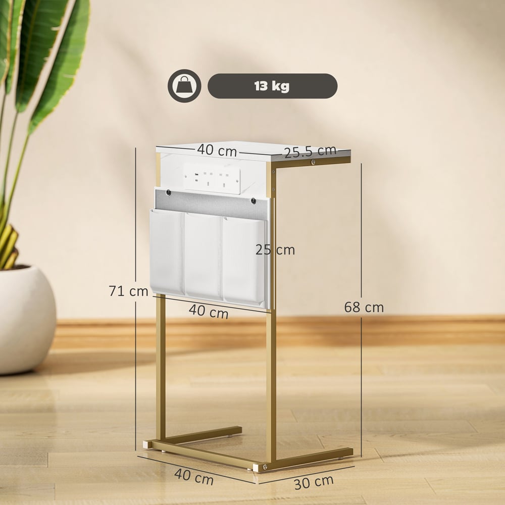 HOMCOM White and Gold C Shaped Bedside Table with Charging Station Image 9