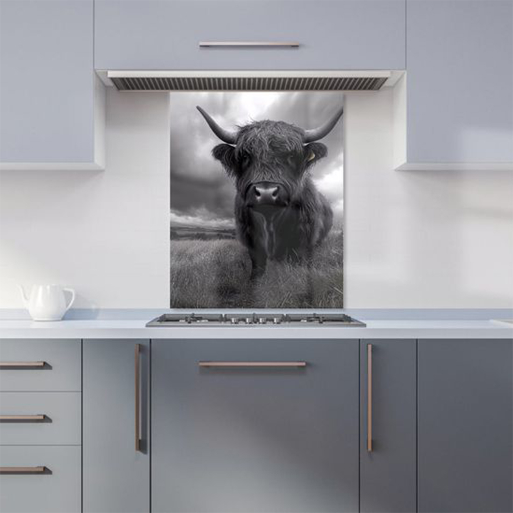 Warren Reed Designer Black And White Highland Cow Glass Kitchen Splashback 75 x 60cm Image 1