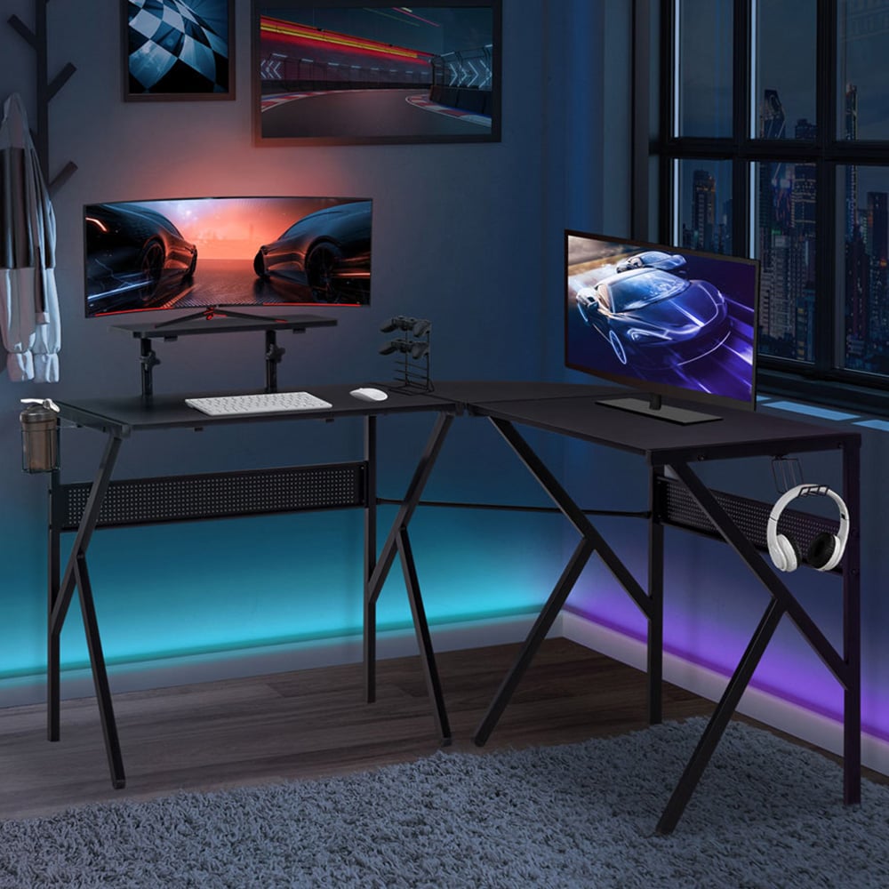 Portland L-Shaped Gaming Desk with Monitor Stand Black Image 1