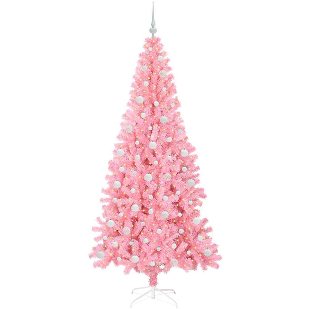 vidaXL Pre-Lit White Baubles Pink Artificial Christmas Tree 7ft Image 1