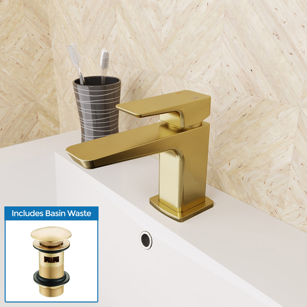 Nes Home Astra Brushed Brass Modern Basin Mono Mixer Single Lever Tap with Waste Image 2