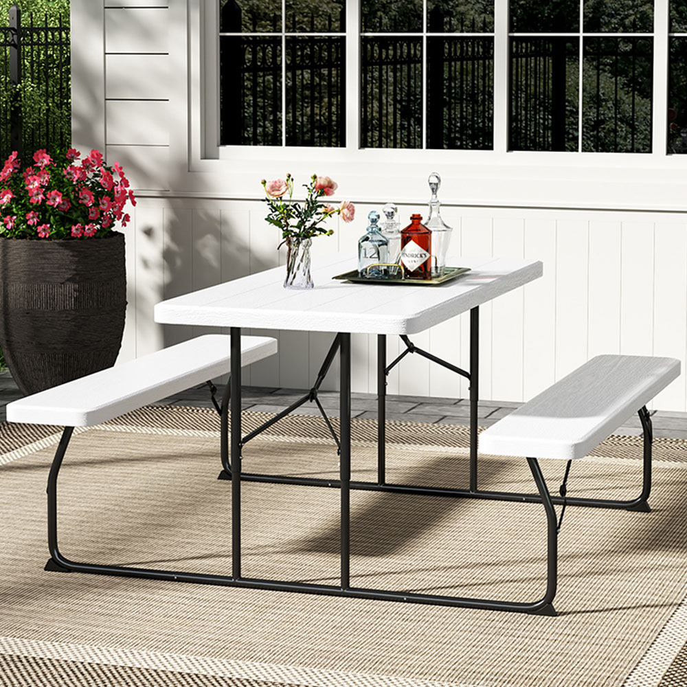 Living and Home Foldable 3 Seater White Picnic Table and Bench Set Image 1