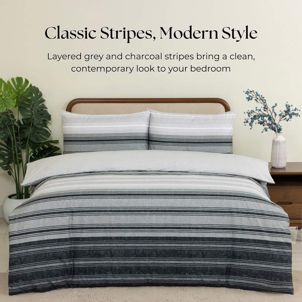 MHG Living King Size Midnight and Grey Charcoal Striped Reversible Duvet Cover Set Image 2
