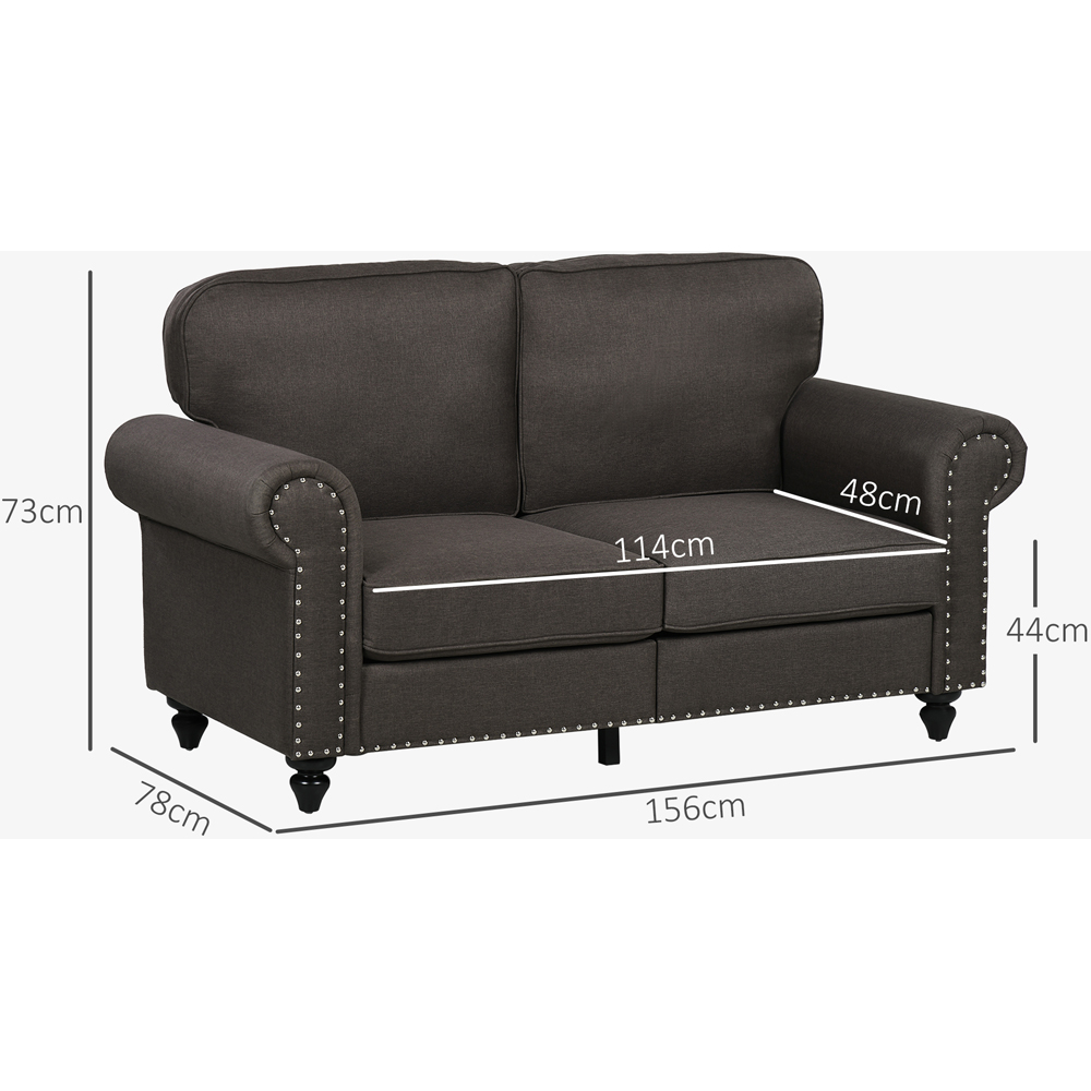 HOMCOM 2 Seater Brown Fabric Accent Chair with Nailhead Trim Rolled Arms Image 7
