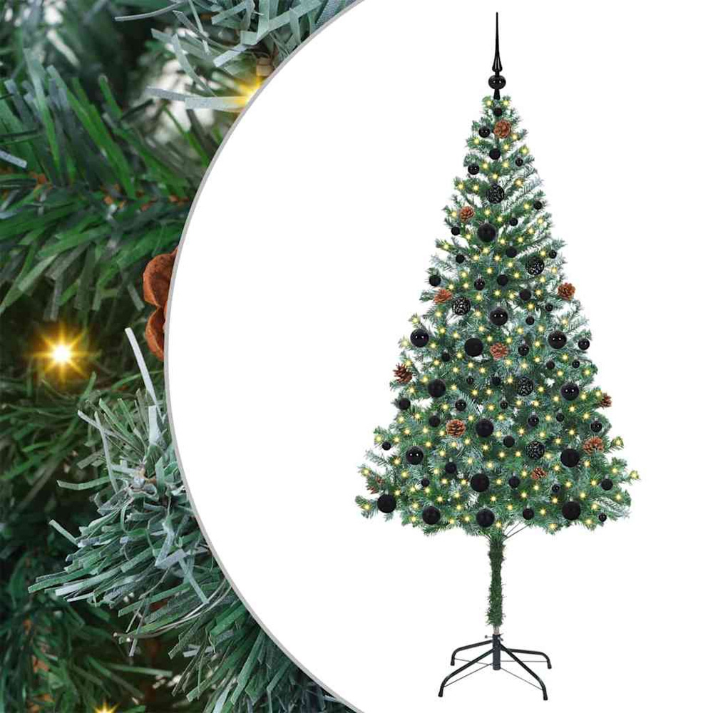 vidaXL Pre-Lit Black Baubles Green Artificial Christmas Tree 6ft Image 2