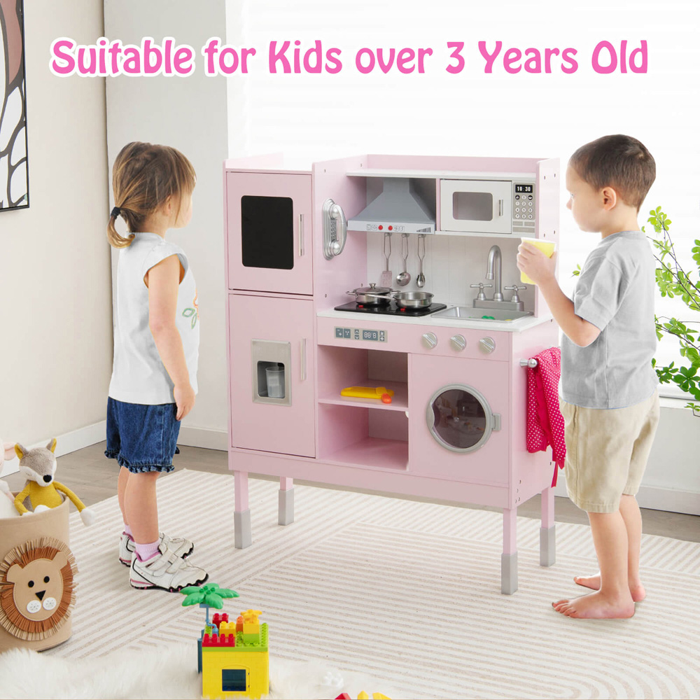 Costway Kids Pink Adjustable Wooden Kitchen Playset with Light Image 4