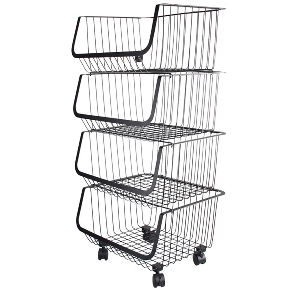 Living and Home Black Set of 4 Stackable Rolling Metal Wire Basket Trolley Image 1